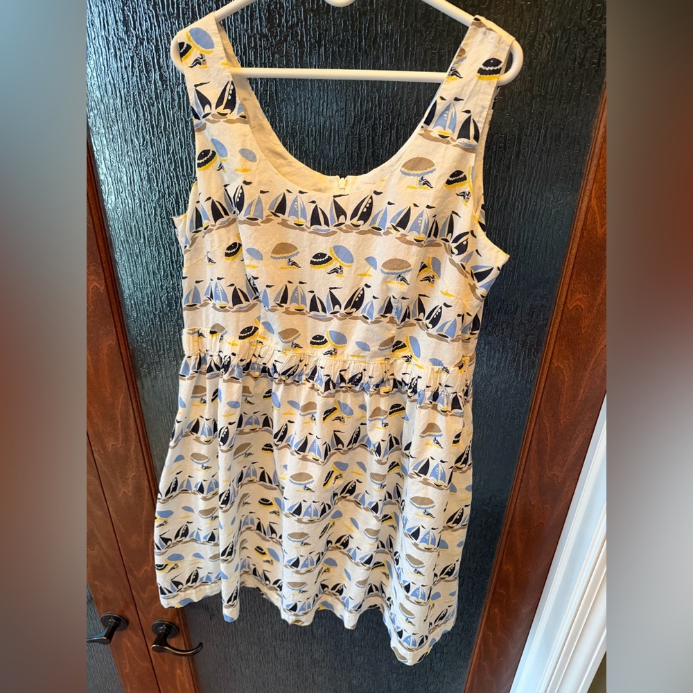 Boden Cream and Blue Boat Patterned Dress